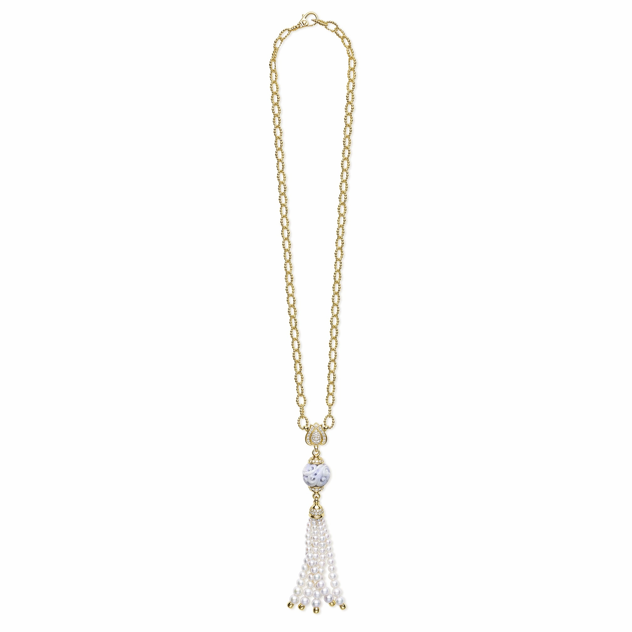 18K Caviar Gold Lotus & Lavendar Jade Tassel Necklace