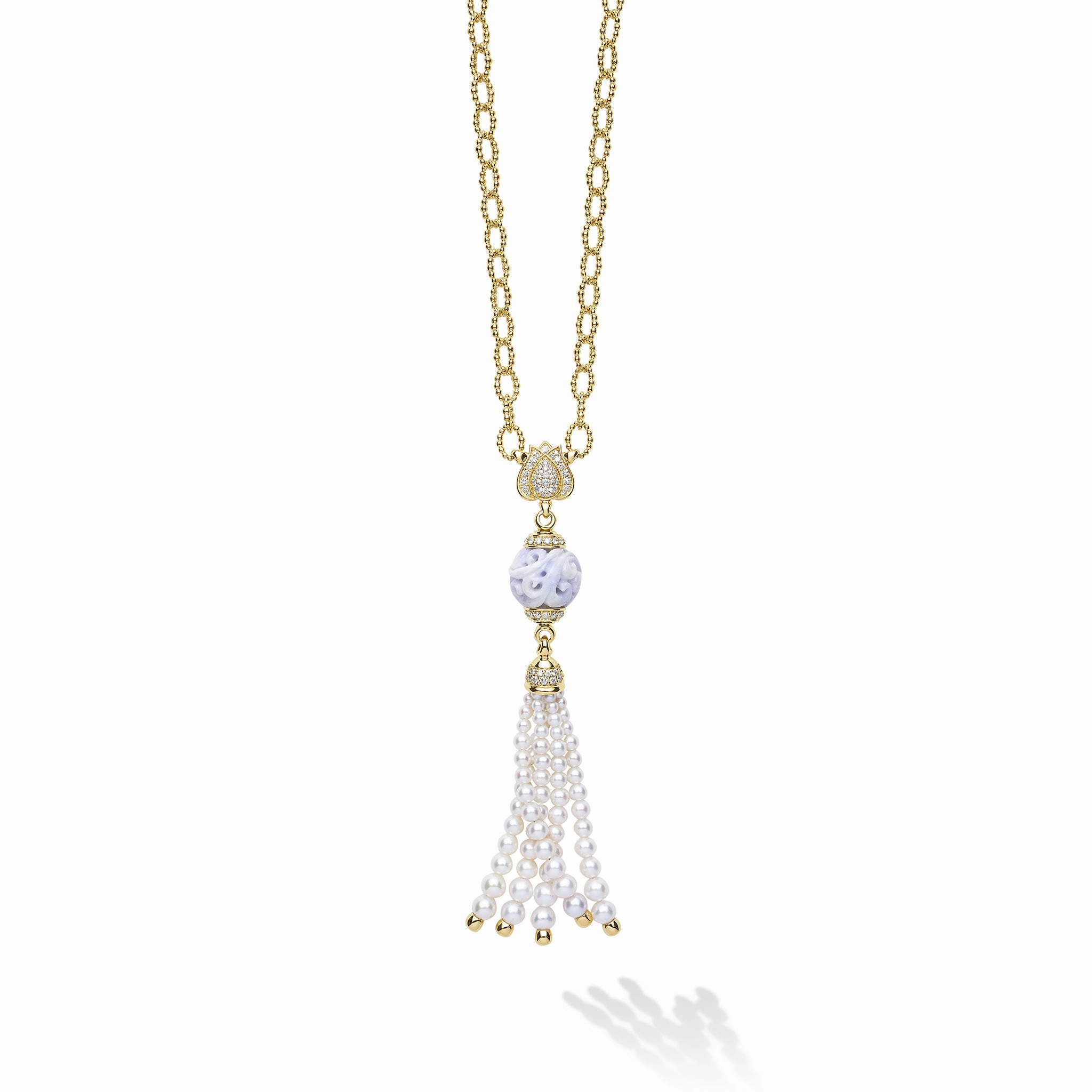 18K Caviar Gold Lotus & Lavendar Jade Tassel Necklace