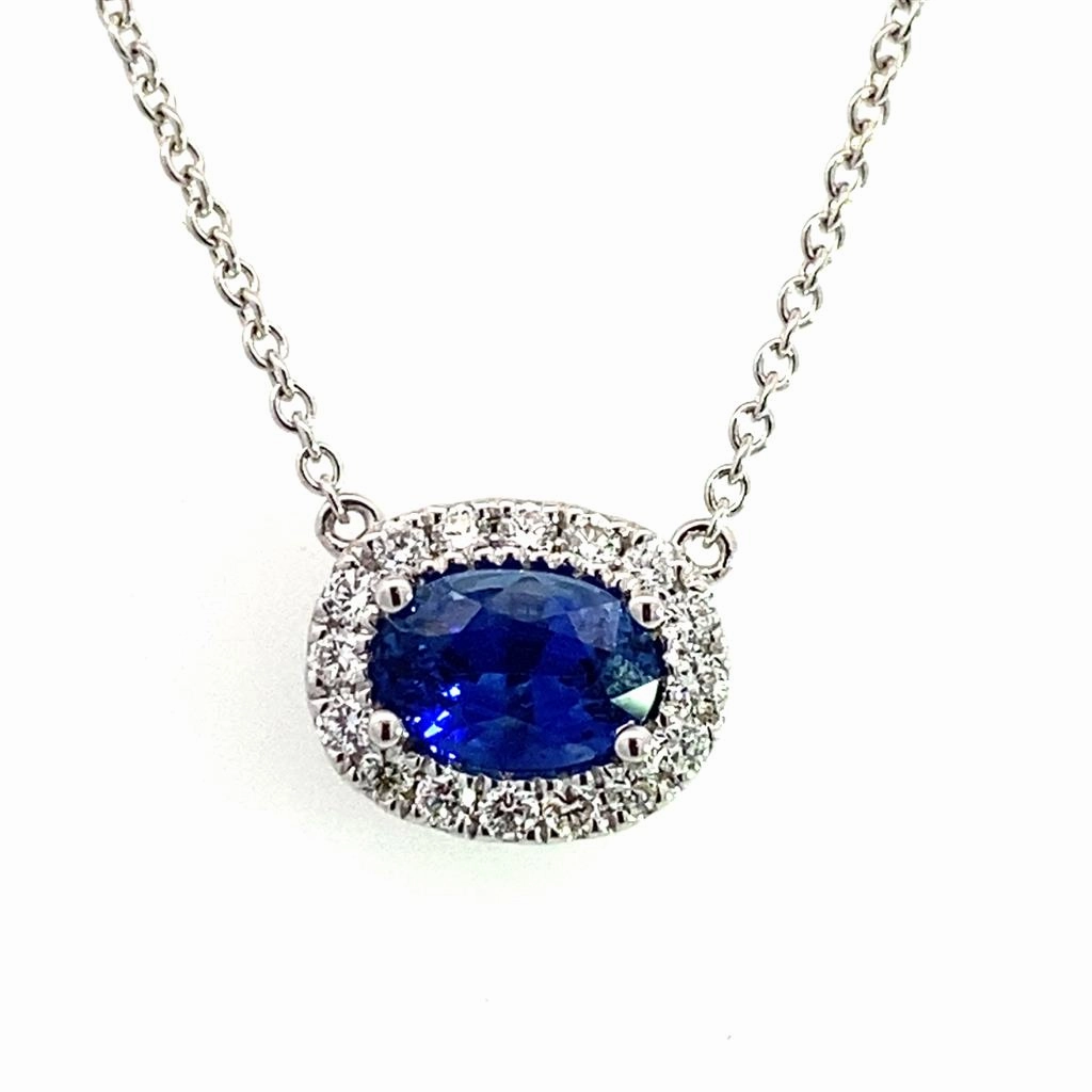 18K White Gold Diamond Halo Sapphire Necklace