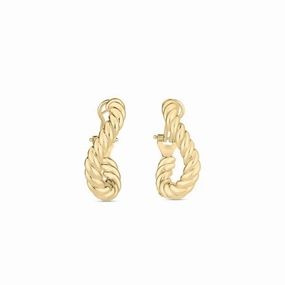 18K YELLOW DESIGNER GOLD TWISTED HINGE BACK HOOP EARRINGS