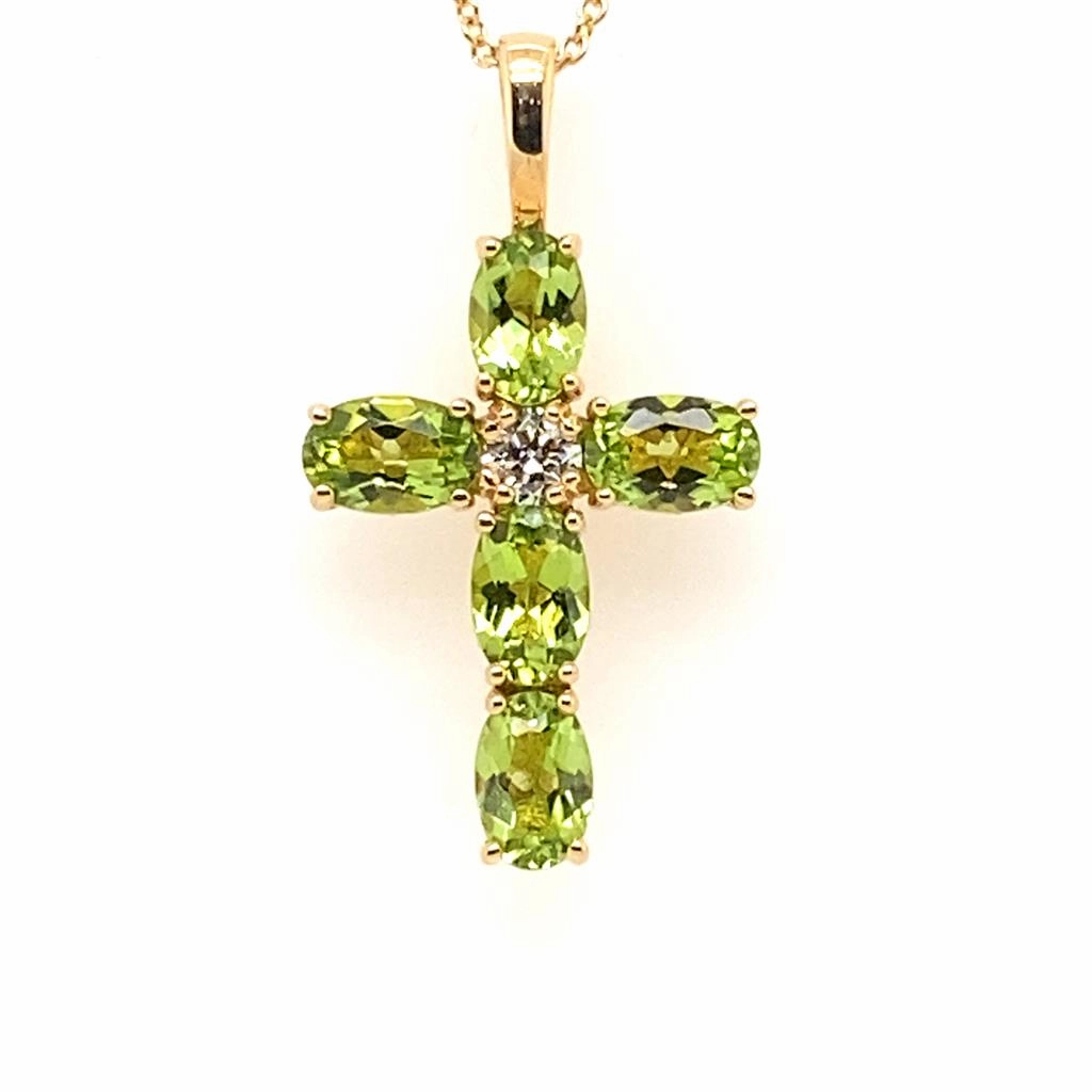 18K Yellow Gold Peridot Cross Pendant Necklace