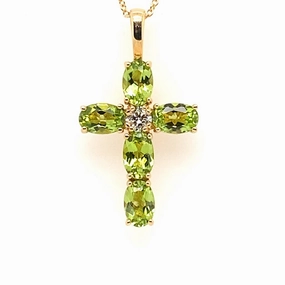 18K Yellow Gold Peridot Cross Pendant Necklace