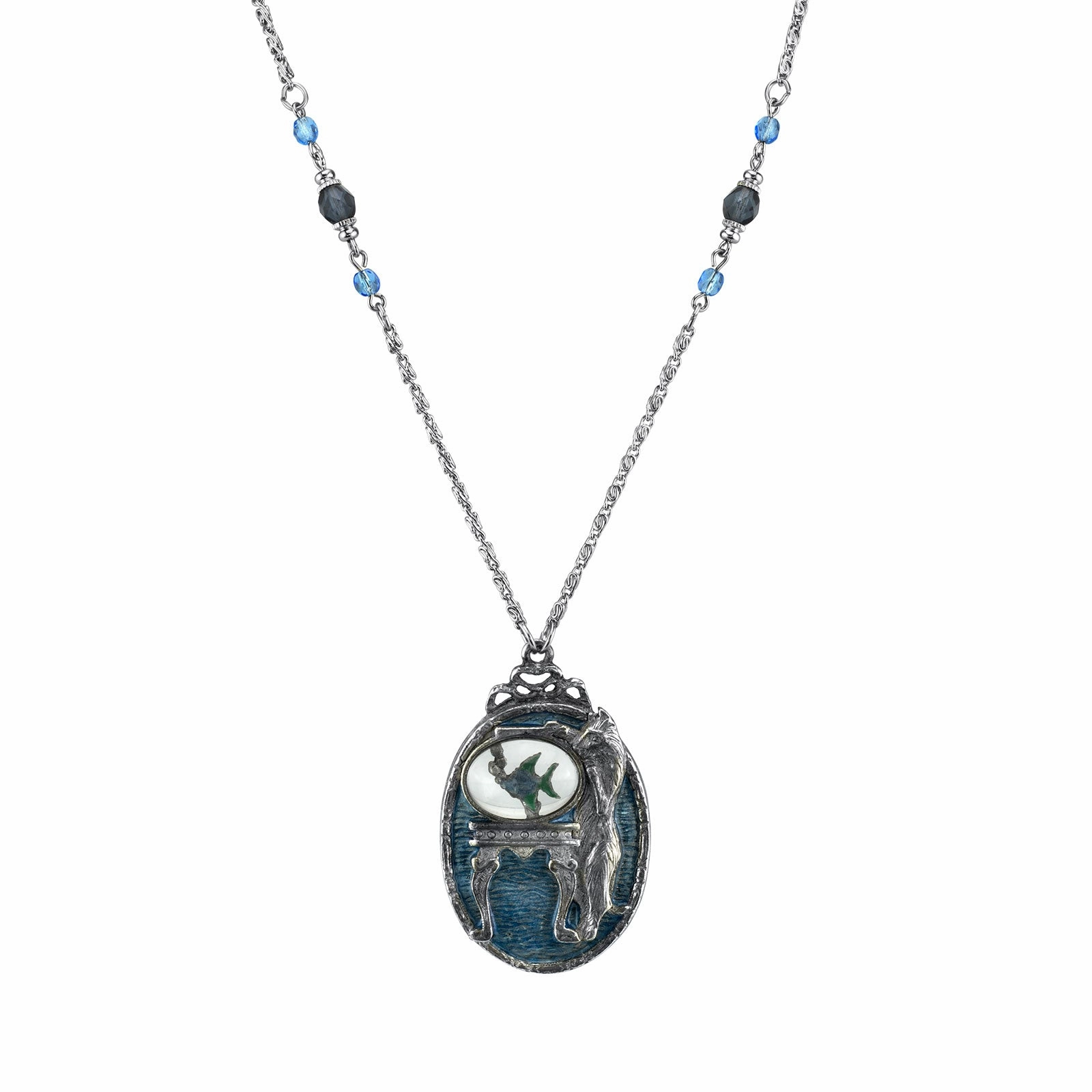 1928 Jewelry&reg; Pewter Cat With Blue Enamel Fishbowl Beaded Necklace 30In