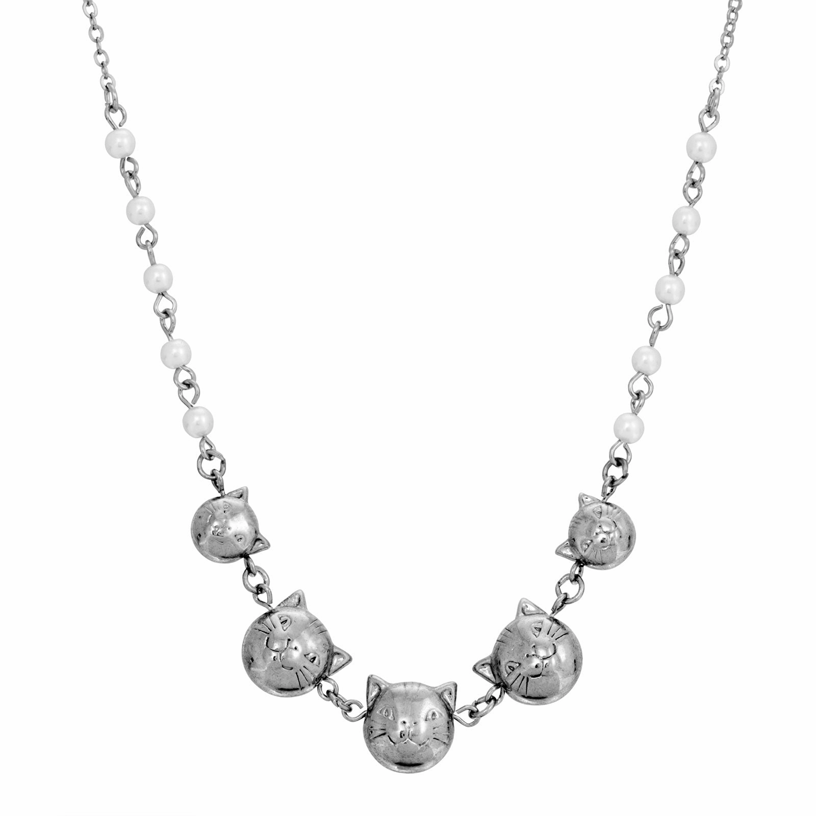 1928 Jewelry&reg; Silver Tone Multi Cat Faux Pearl Chain Necklace 16" Adj.