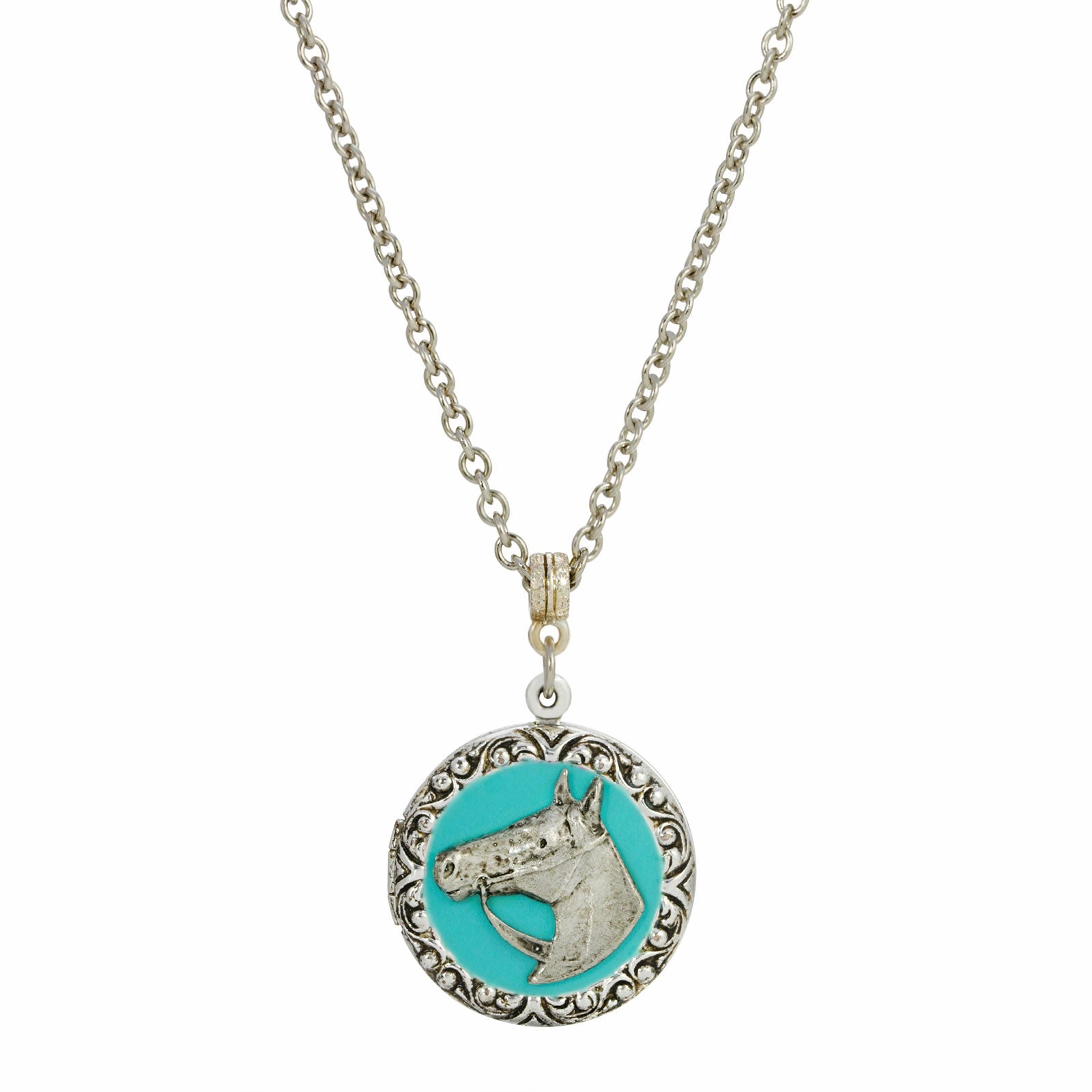 1928 Jewelry&reg; Silver Tone Turquoise Enamel Horse Necklace 24"
