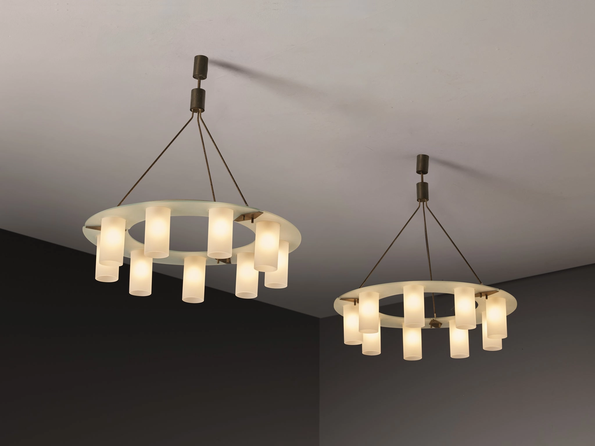 1950s Mid-Century Modern Italian Chandeliers in Satin Glass and Brass