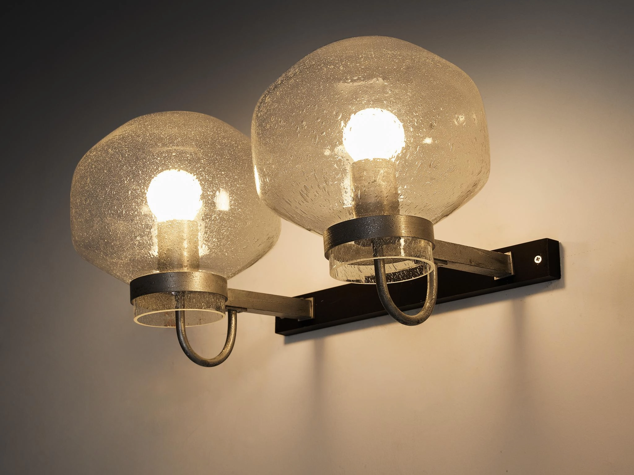 1970s Wall Lights in Black-Coated Aluminum and Blown Glass