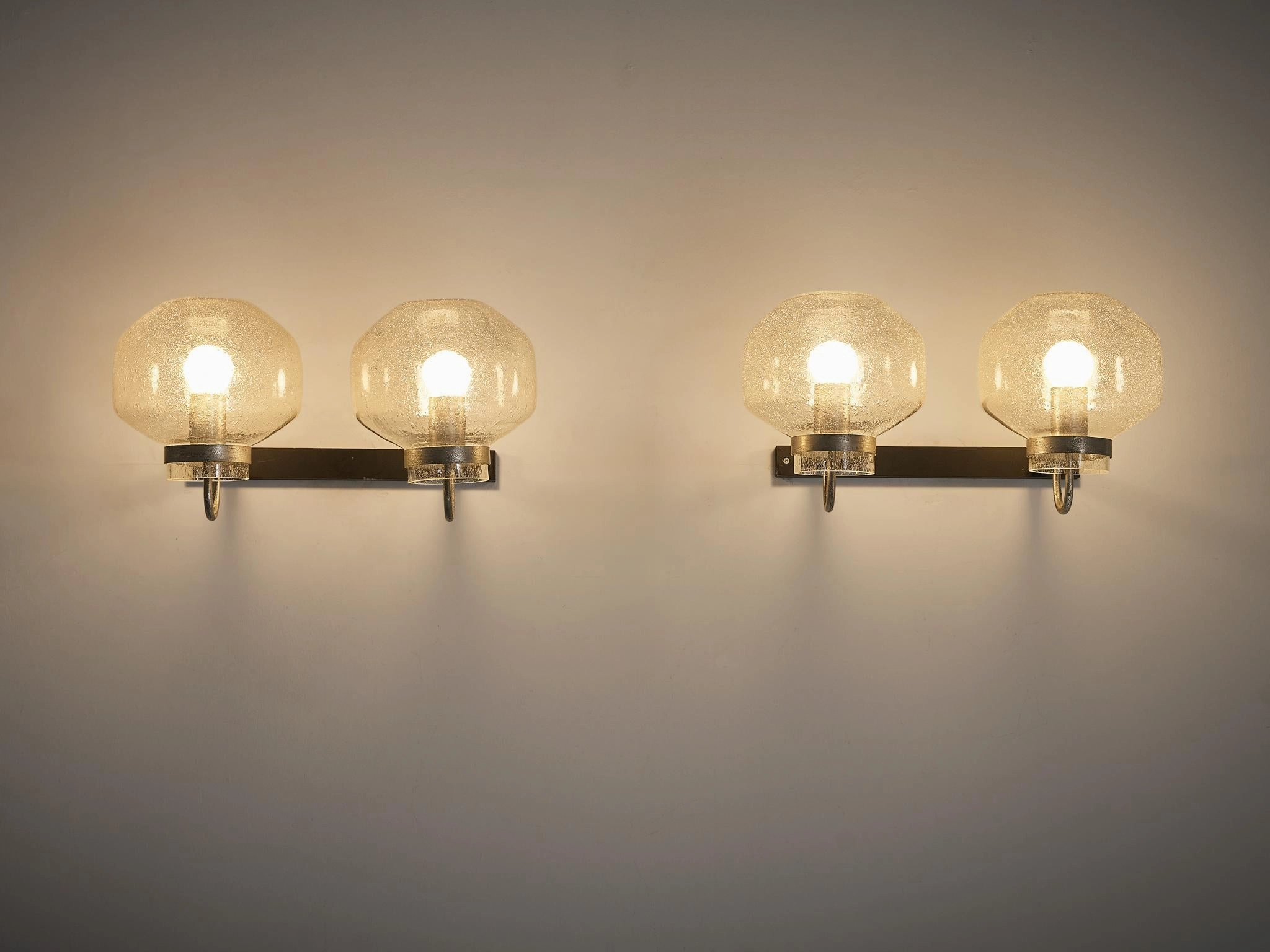 1970s Wall Lights in Black-Coated Aluminum and Blown Glass