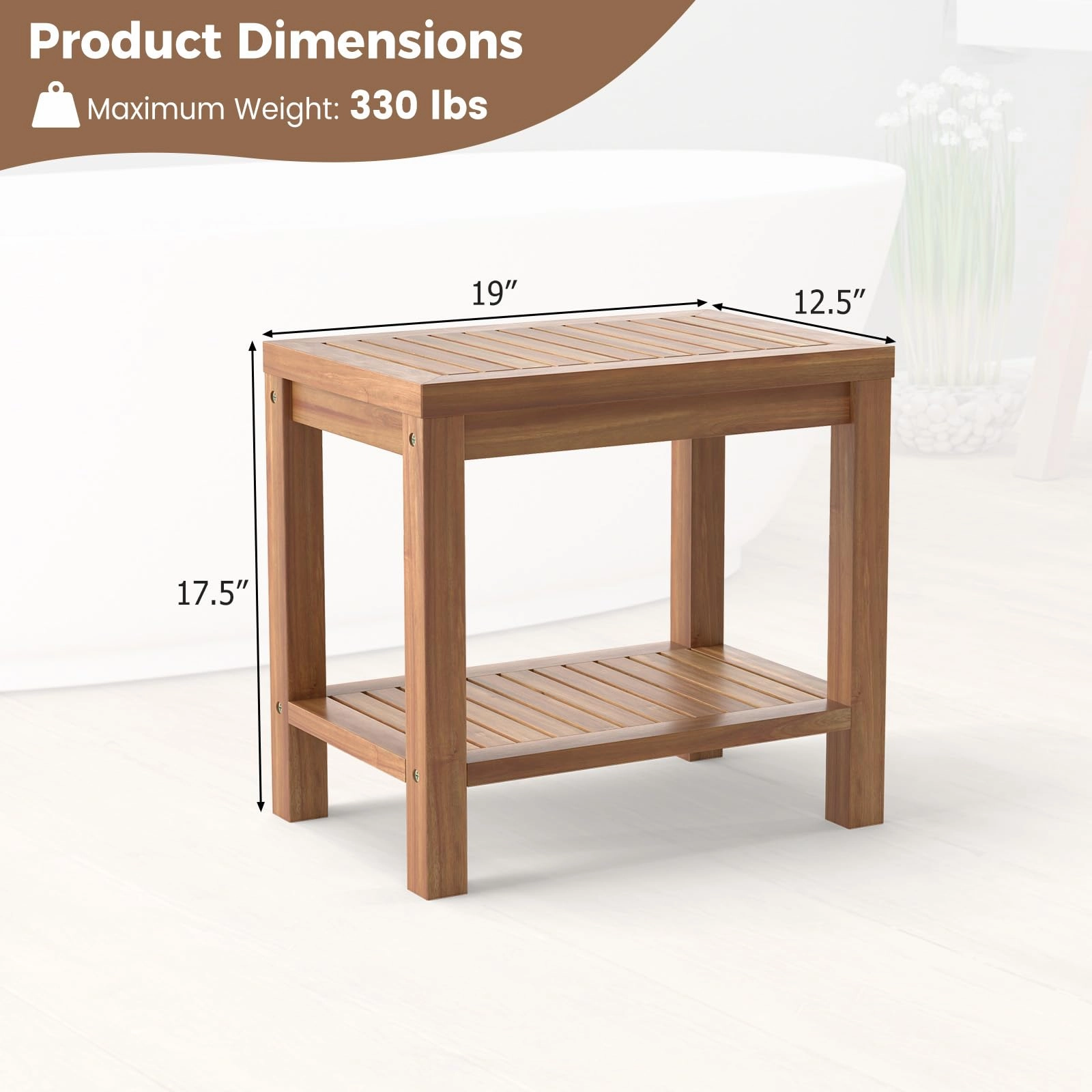 19 Inch Shower Stool with Slatted Seat for Elderly Seniors