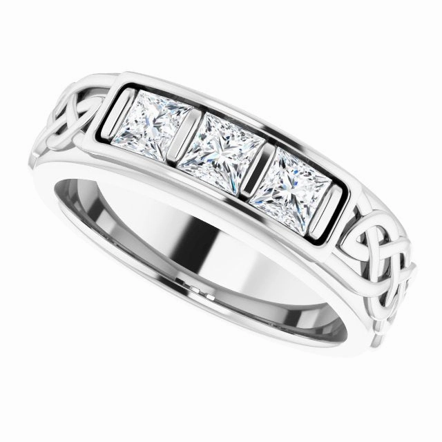 1.0 ctw Bar Set Princess Diamond Men's Ring Celtic Knot Design