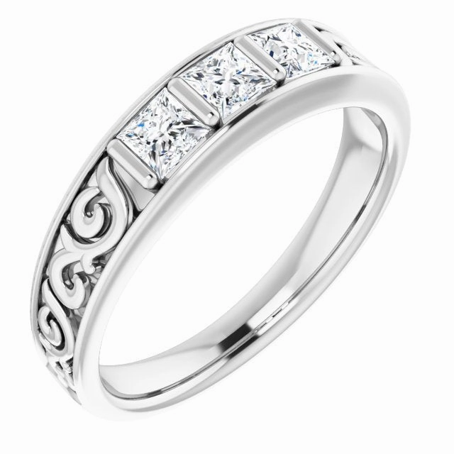 1.0 ctw Bar Set Princess Diamond Men's Ring Filigree Accent