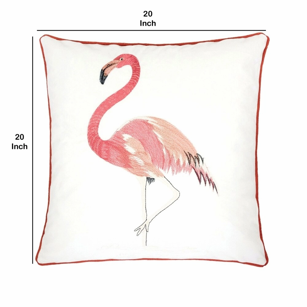 20 X 20 Inches Flamingo Embroidered Polyester Accent Pillow, Set of 2, White and Red