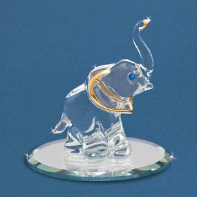 22Kt Gold Trimmed Elephant with Trunk Up and Blue Crystals Glass Figurine Decorative Mirror,Home Decor Mirror