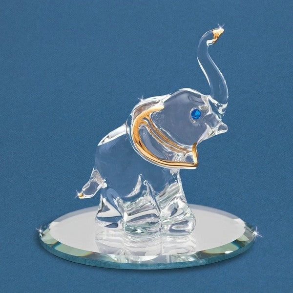 22Kt Gold Trimmed Elephant with Trunk Up and Blue Crystals Glass Figurine Decorative Mirror,Home Decor Mirror