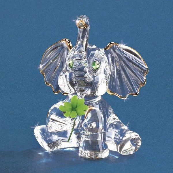 22Kt Gold Trimmed Lucky the Elephant with Green Clover Glass Figurine Decorative Mirror,Home Decor Mirror