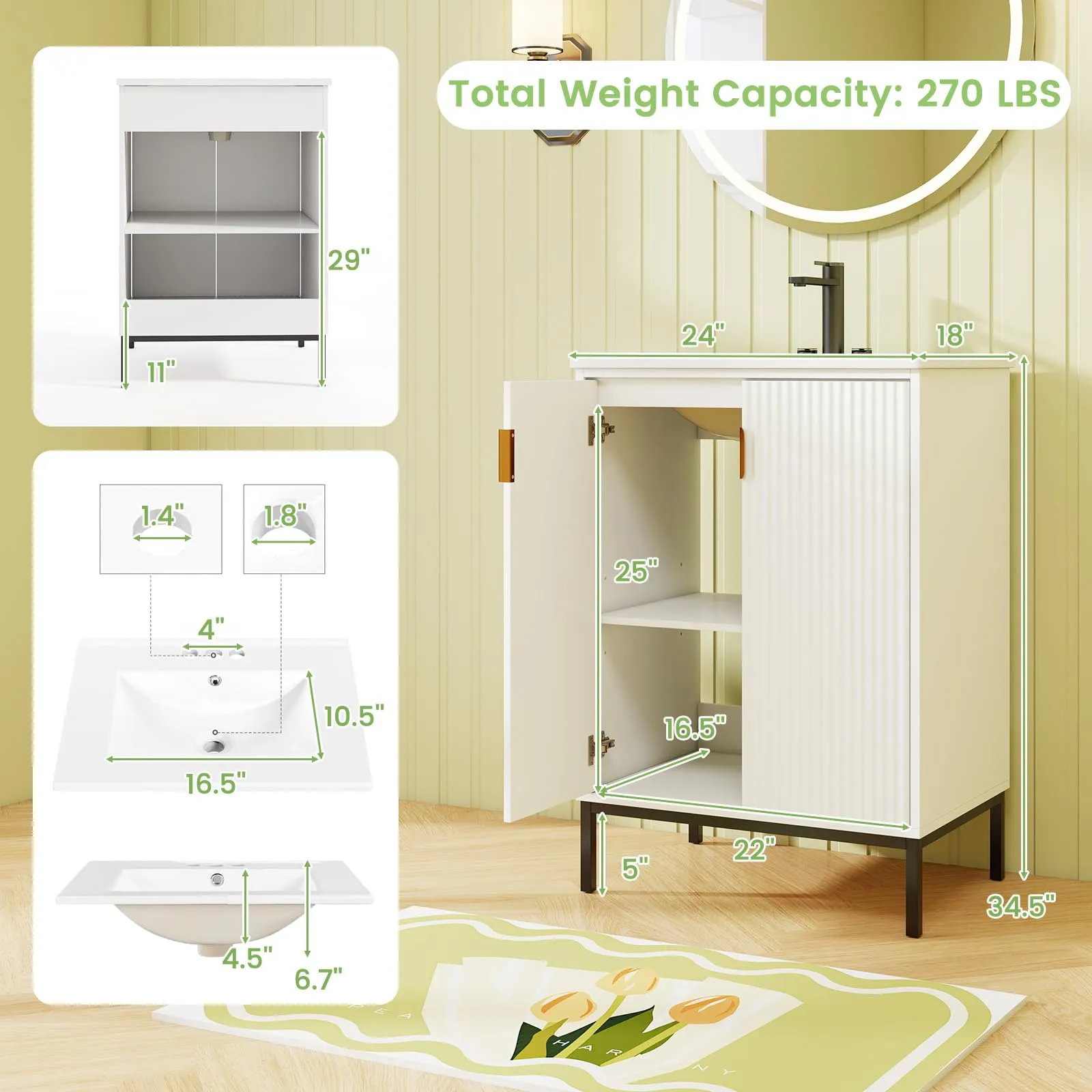 24 Undermount Bathroom Storage Cabinet and Sink Combo Set with 2 Doors