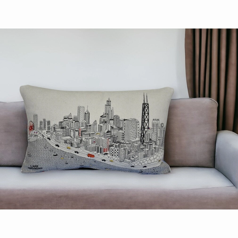 25" White Chicago Daylight Skyline Lumbar Decorative Pillow pillows,bed pillow,sleeping cushion