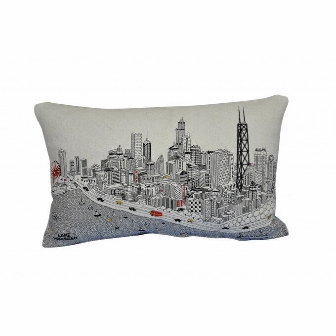 25" White Chicago Daylight Skyline Lumbar Decorative Pillow