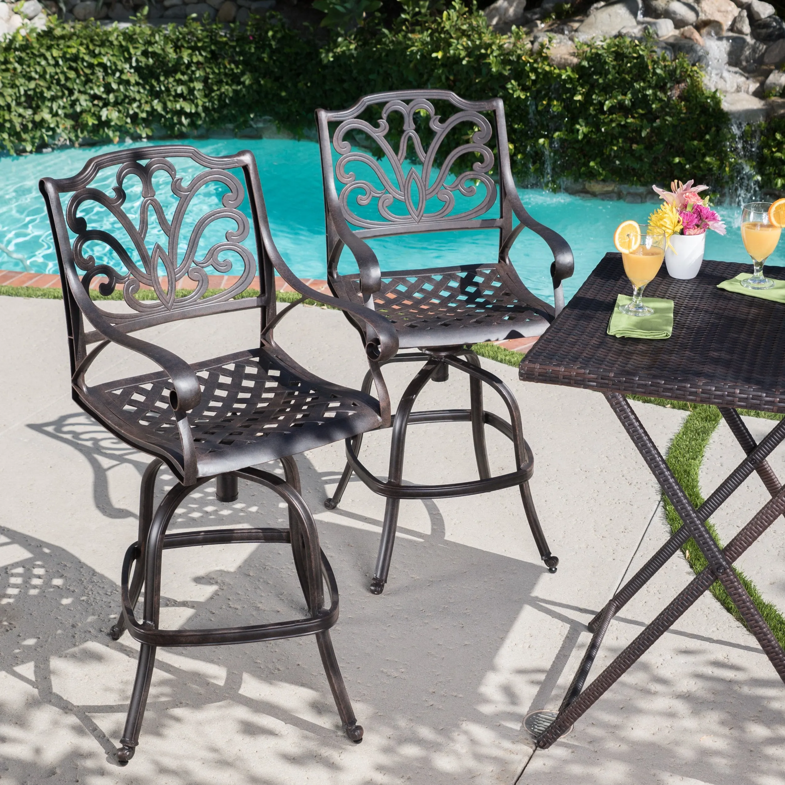 30-Inch Outdoor Bronze Finished Cast Aluminum Barstools - NH582103 patio chairs, outdoor seating