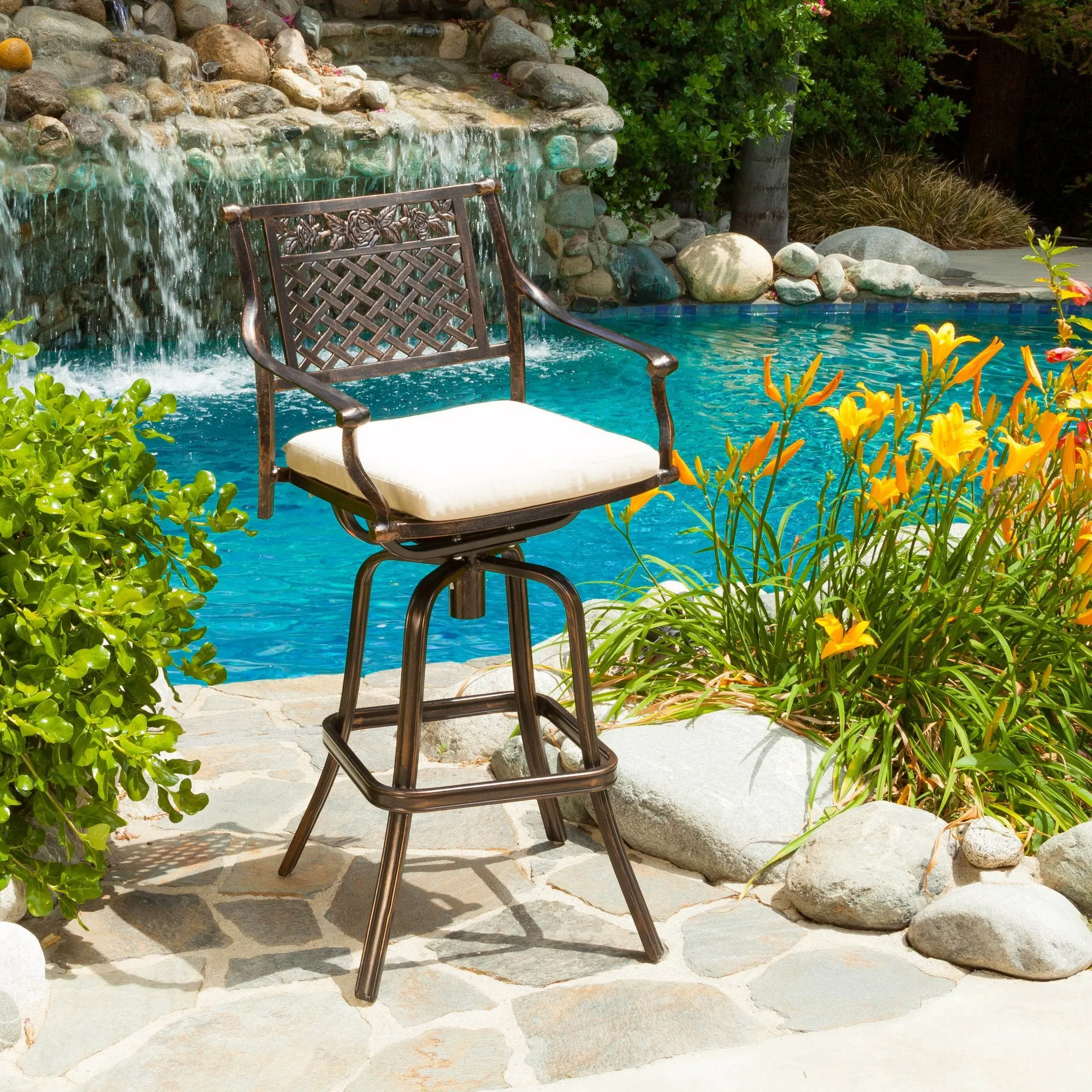 30-Inch Outdoor Cast Aluminum Swivel Bar Stool w/ Cushion - NH050592 patio chairs, outdoor seating