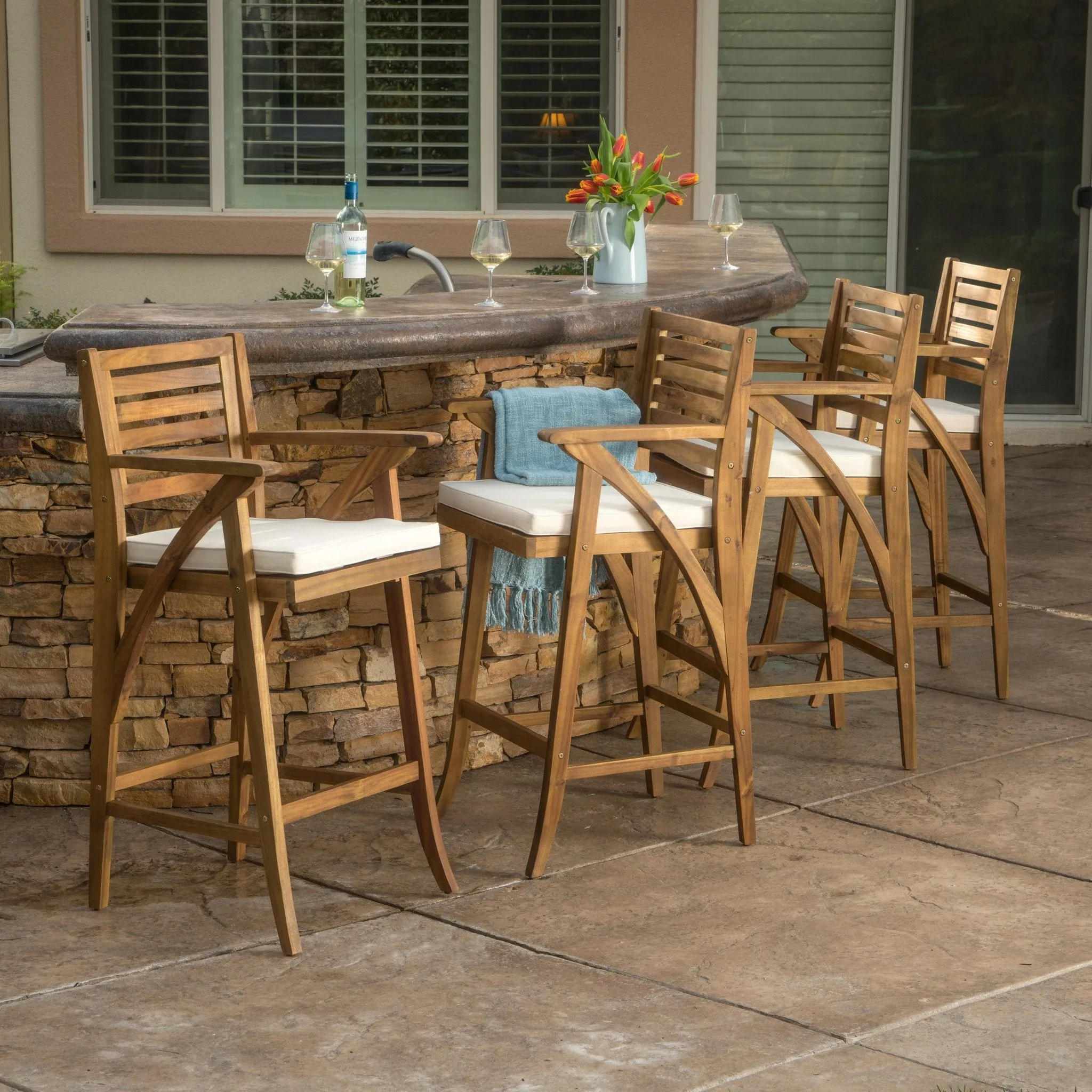 30-Inch Teak Finish Acacia Wood Outdoor Barstools - NH538992