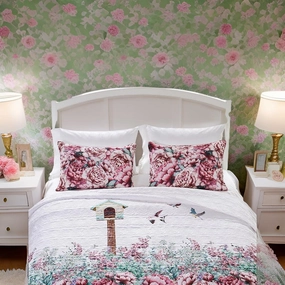 36 Inch Quilted King Pillow Sham, Cotton Fill, White and Lavender Blossoms pillowcases,cotton pillow covers,bed linen