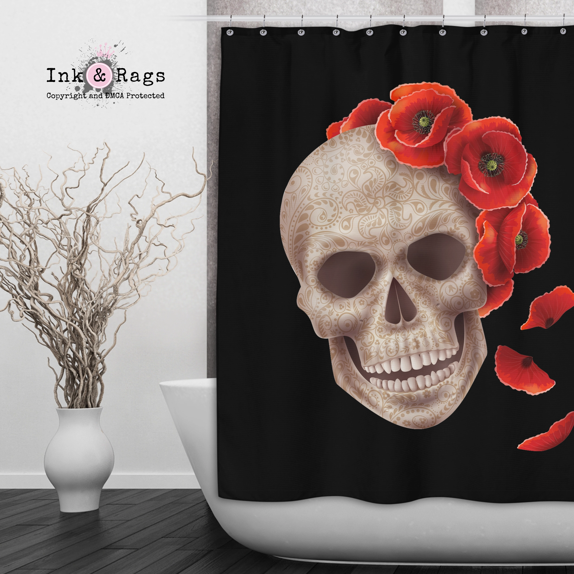3D Henna Style Poppy and Sugar Skull Shower Curtains and Optional Bath Mats Lighting,Lamps Fixtures