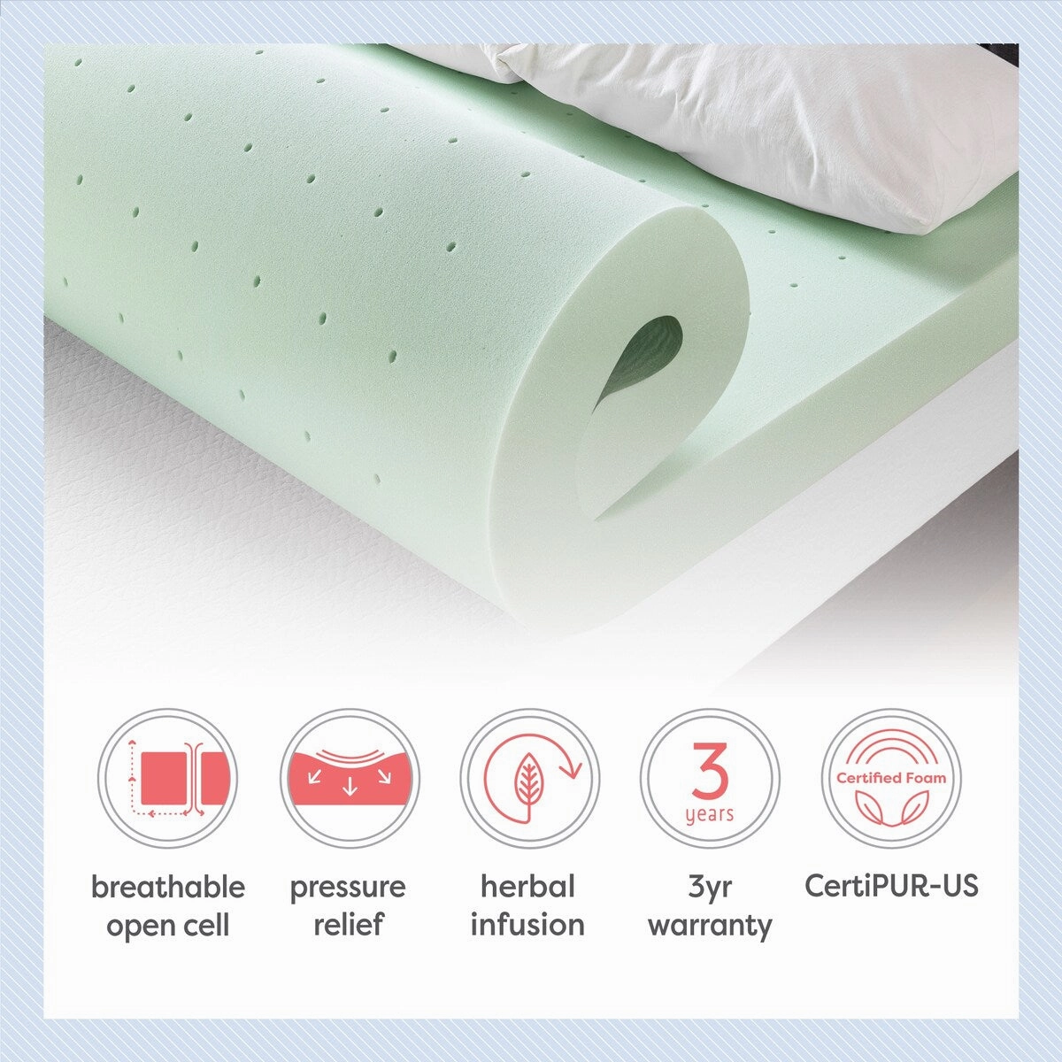 4 Inch Ventilated Memory Foam Mattress Topper with Calming Green Tea Infusion