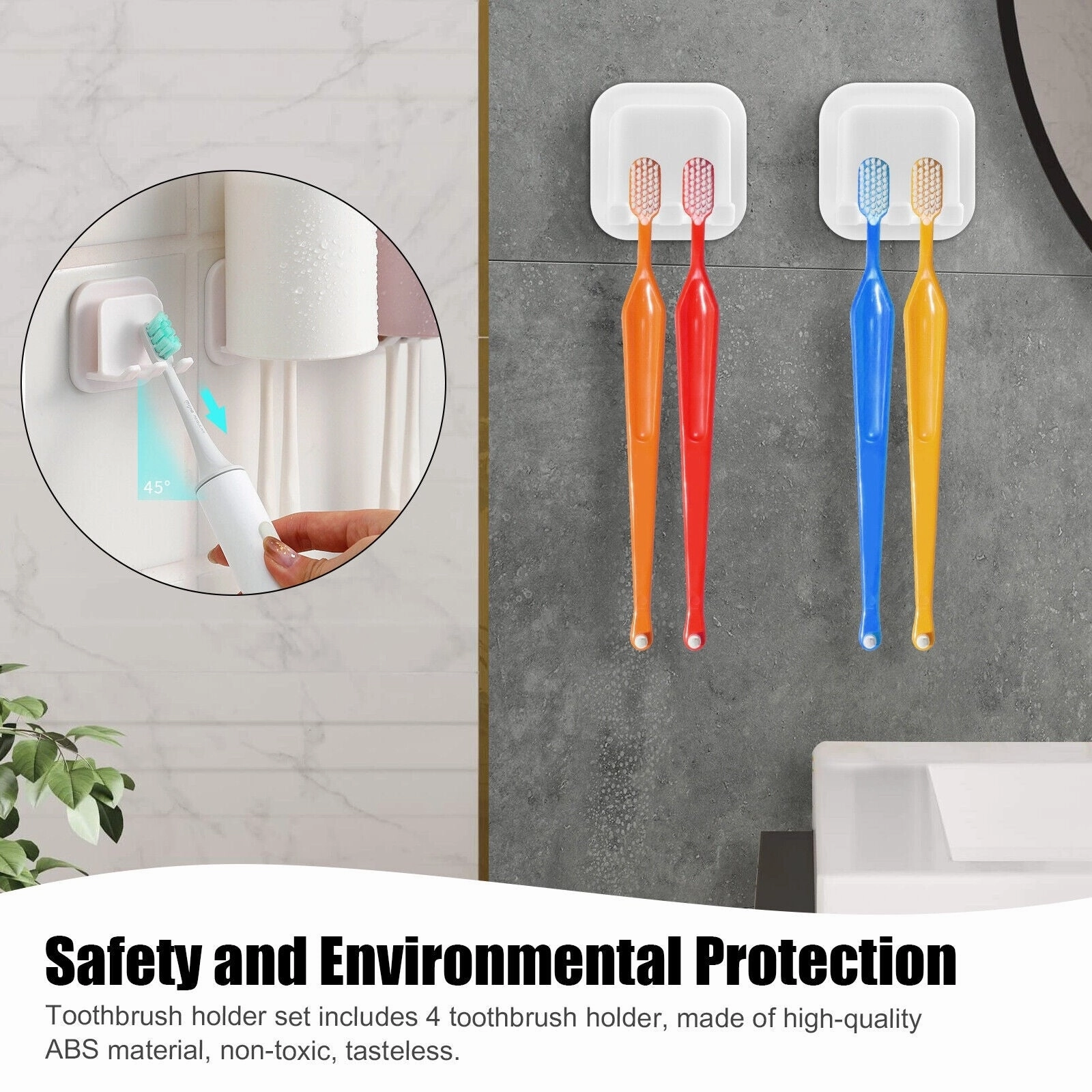 4 pcs Wall-Mounted Toothbrush Holder with Adhesive Cup Stand - White