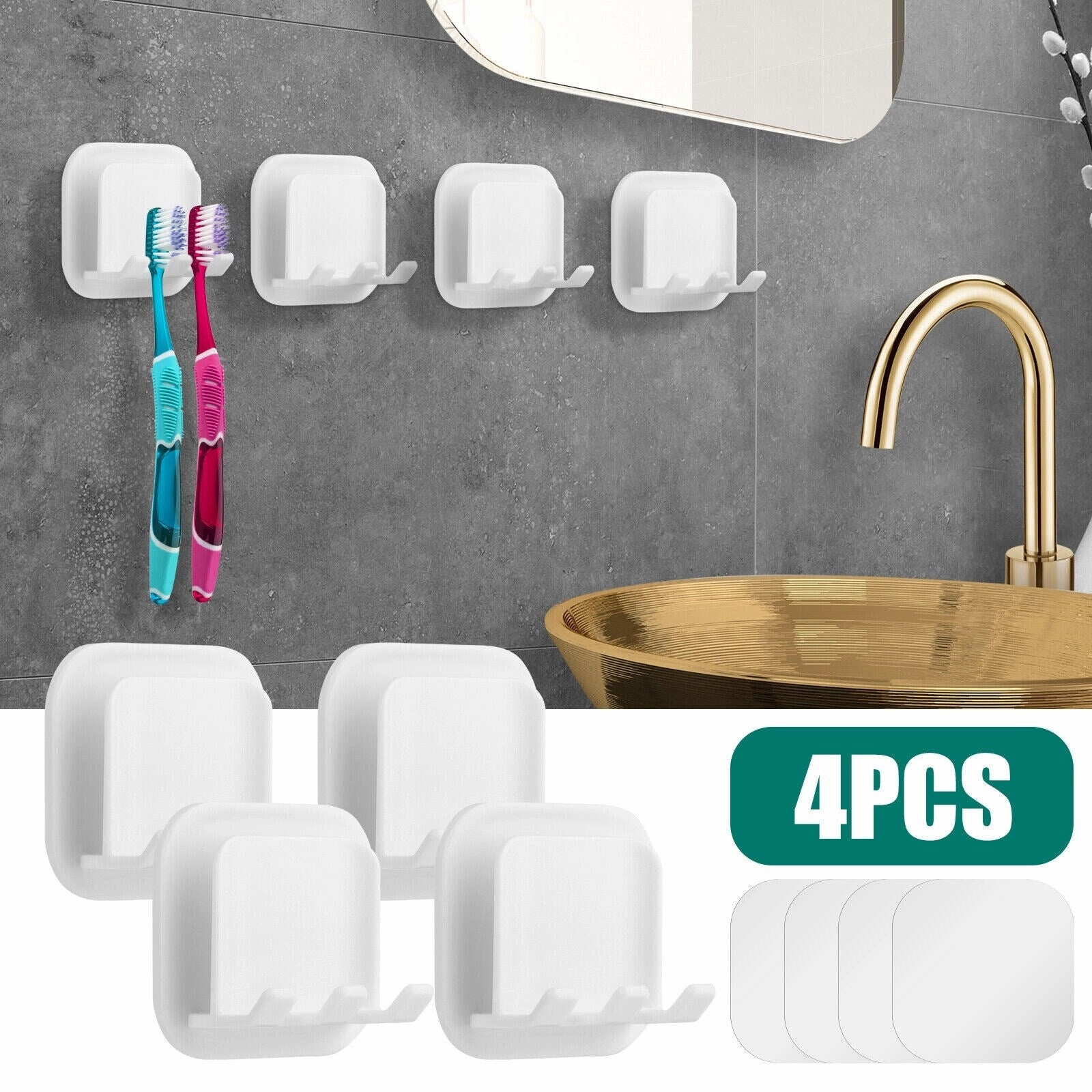 4 pcs Wall-Mounted Toothbrush Holder with Adhesive Cup Stand - White