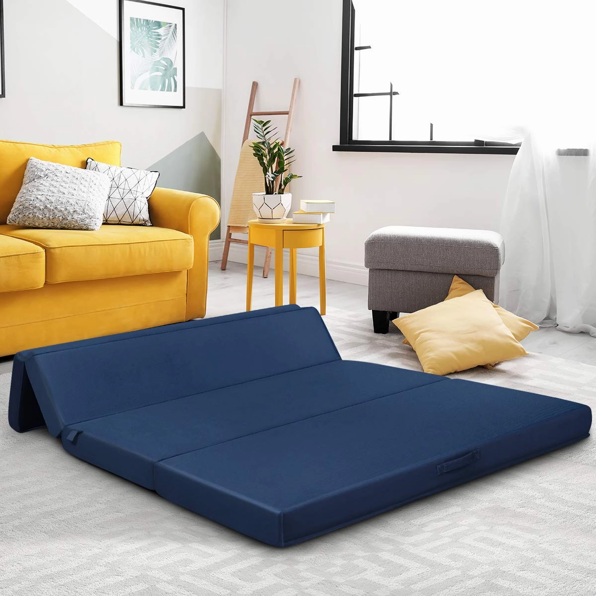 4" Thick Folding Portable Mattress Pad Sofa Bed with No Carrying Handles and Removable Washable Fabric Queen Blue