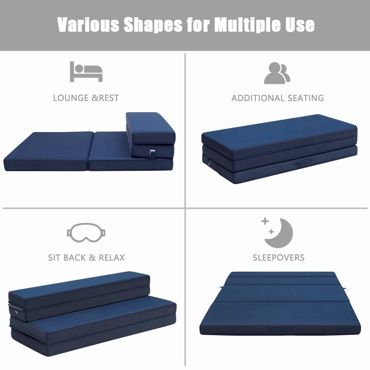 4" Thick Folding Portable Mattress Pad Sofa Bed with No Carrying Handles and Removable Washable Fabric Queen Blue