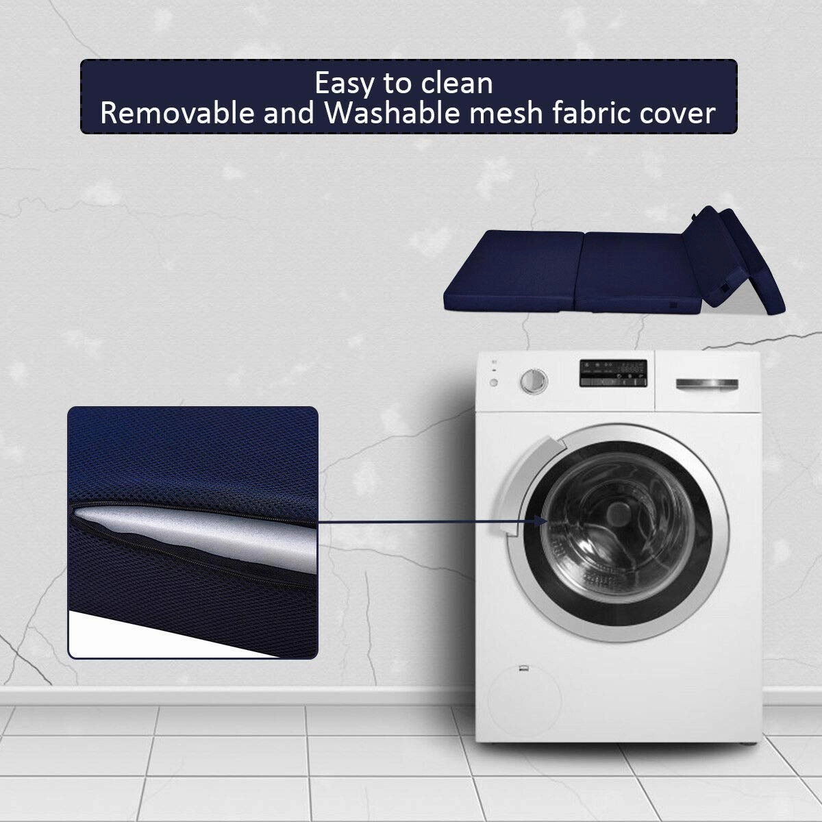 4" Thick Folding Portable Mattress Pad Sofa Bed with No Carrying Handles and Removable Washable Fabric Queen Blue