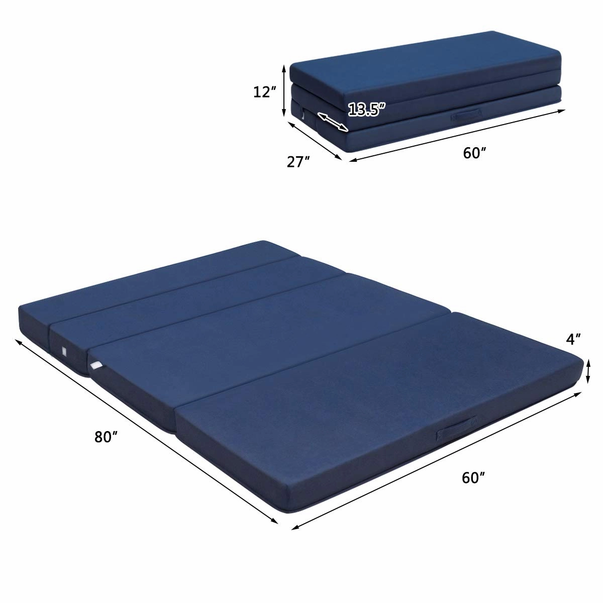 4" Thick Folding Portable Mattress Pad Sofa Bed with No Carrying Handles and Removable Washable Fabric Queen Blue