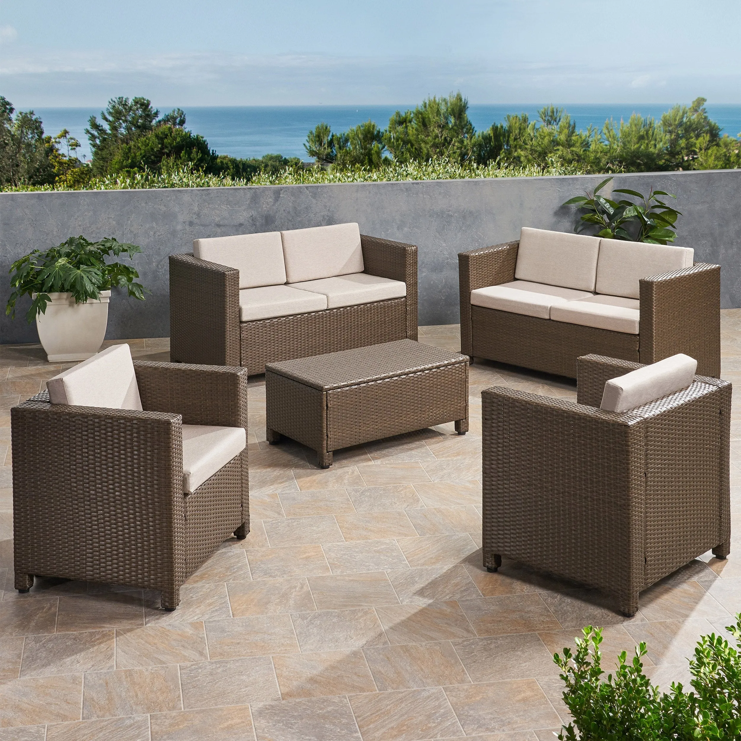 6-Seater Outdoor Brown PE Wicker Sofa Set with Coffee Table - NH809903 patio chairs, outdoor seating
