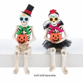 6" Day of the Dead Mr or Mrs Bones with Jack O Lantern Pumpkin Shelf Sitter Figurine Decorative Mirror,Home Decor Mirror