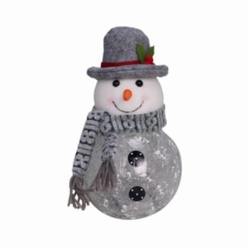 7.87" LED Glass Frosty Snowman with Silver Gray Hat and Scarf