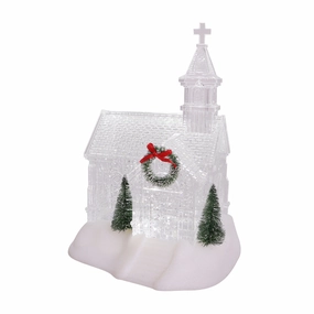 9.5" Ivory Christmas Village Lighted Glitter Church Decorative Mirror,Home Decor Mirror