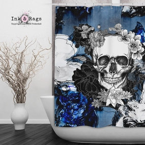 Abstract Blue Flower Skull Shower Curtains and Optional Bath Mats Lighting,Lamps Fixtures