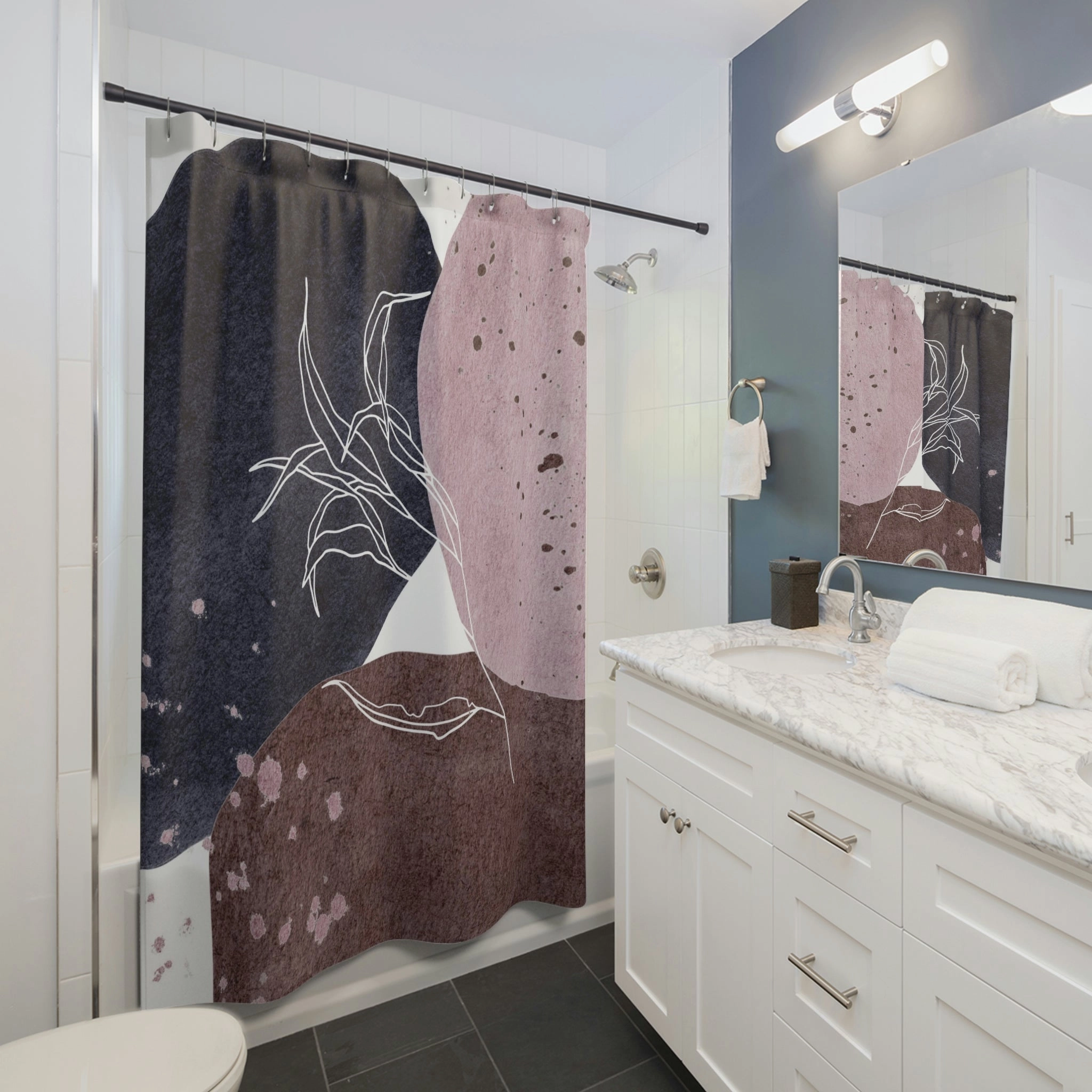 abstract boho shower curtain | navy mauve pink