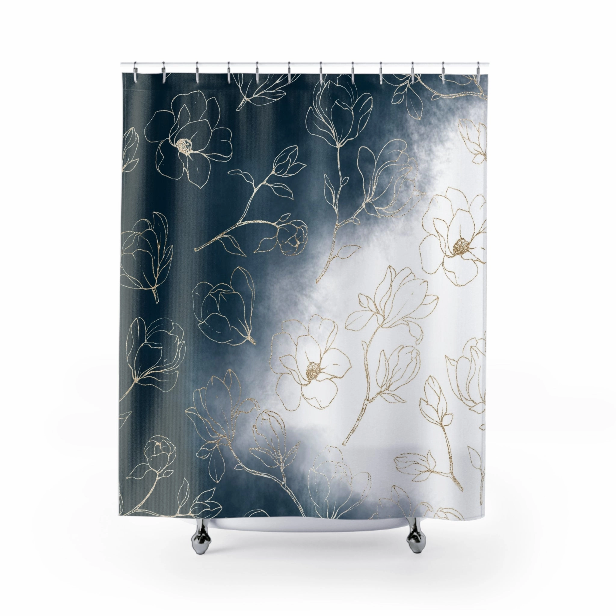 Abstract Floral Shower Curtain | Navy Blue White Ombre Lighting,Home Lighting