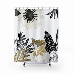 Abstract Floral Shower Curtain | White Black, Beige Jungle Leaves Lighting,Home Lighting