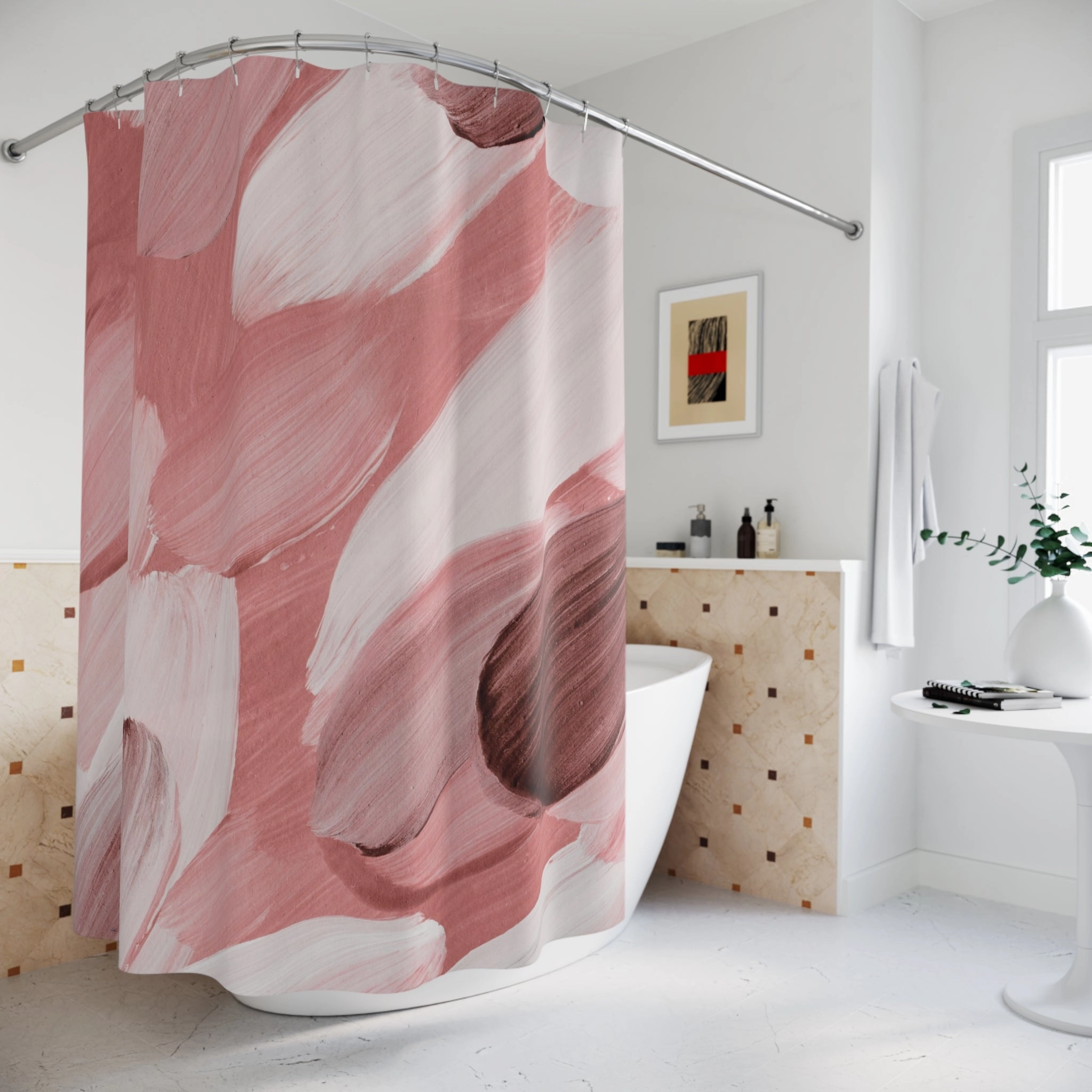 Abstract Shower Curtain | Blush Rose Pink, White Watercolor