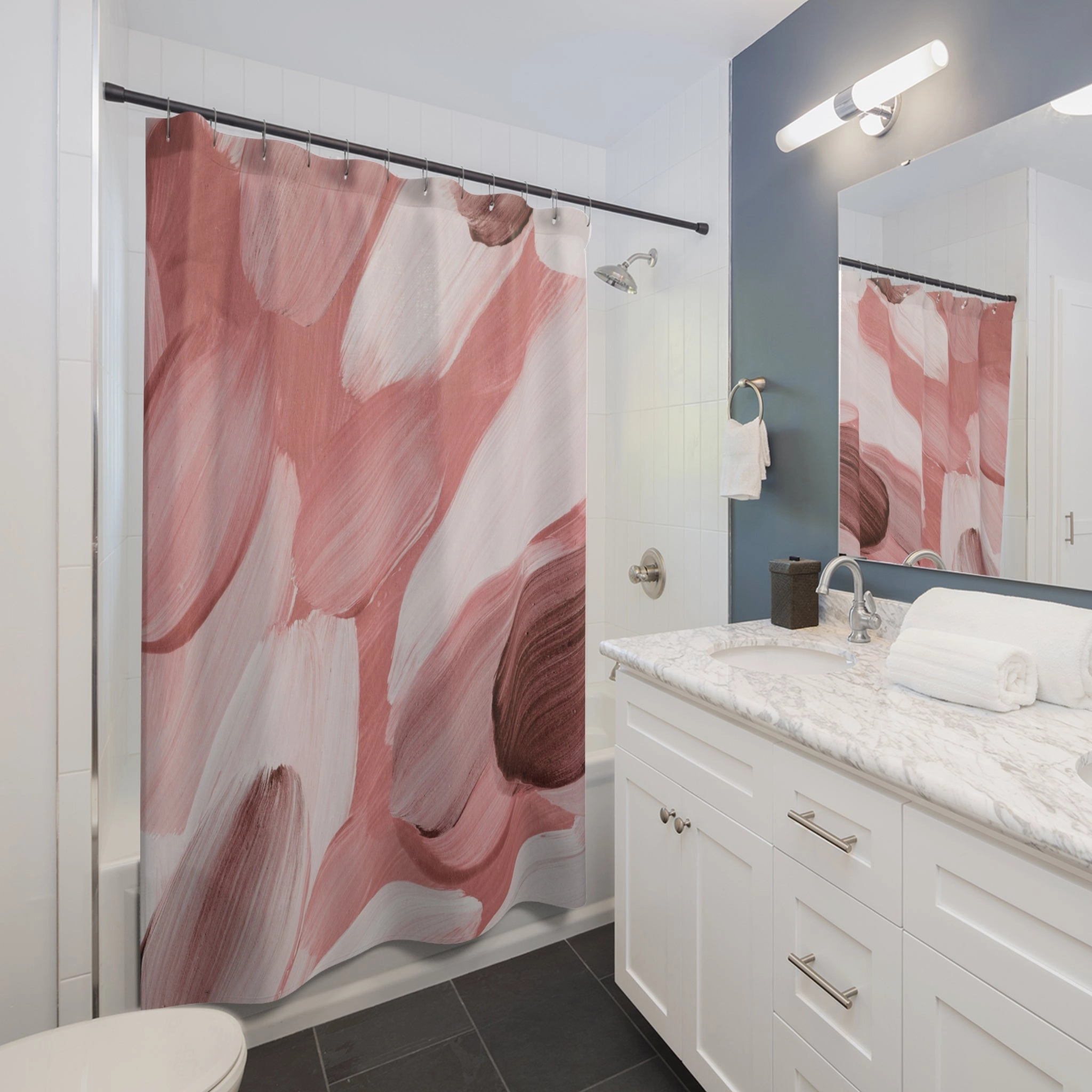 Abstract Shower Curtain | Blush Rose Pink, White Watercolor