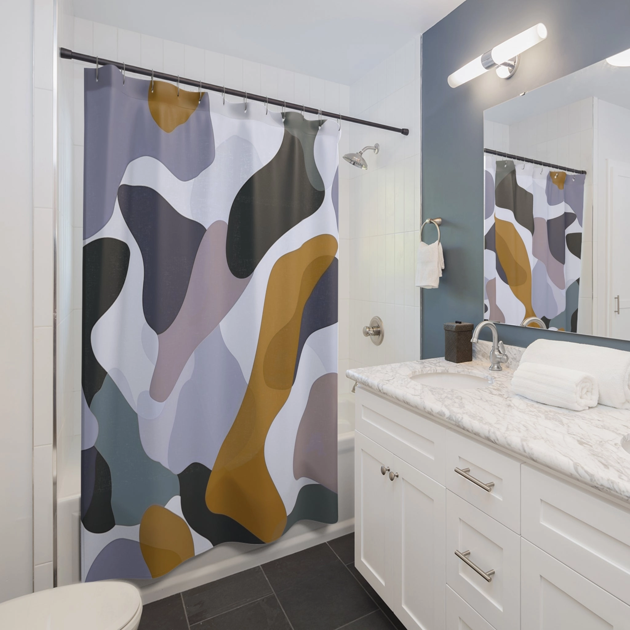 Abstract Shower Curtain | Camouflage Blue Camel Beige