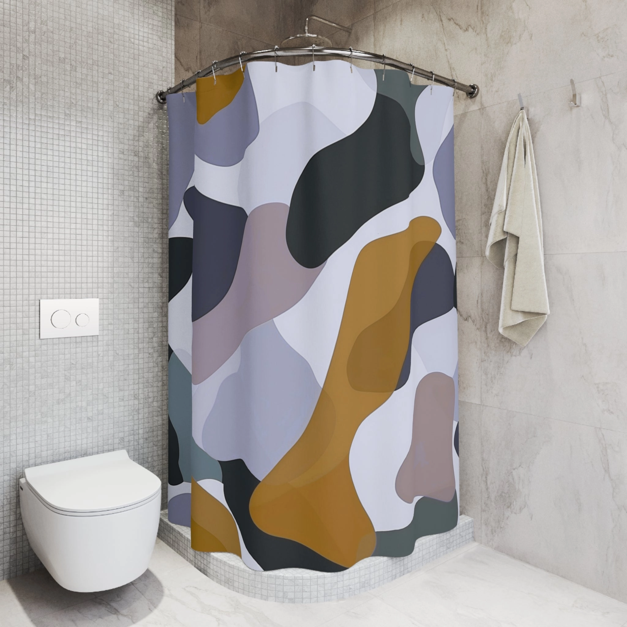 Abstract Shower Curtain | Camouflage Blue Camel Beige