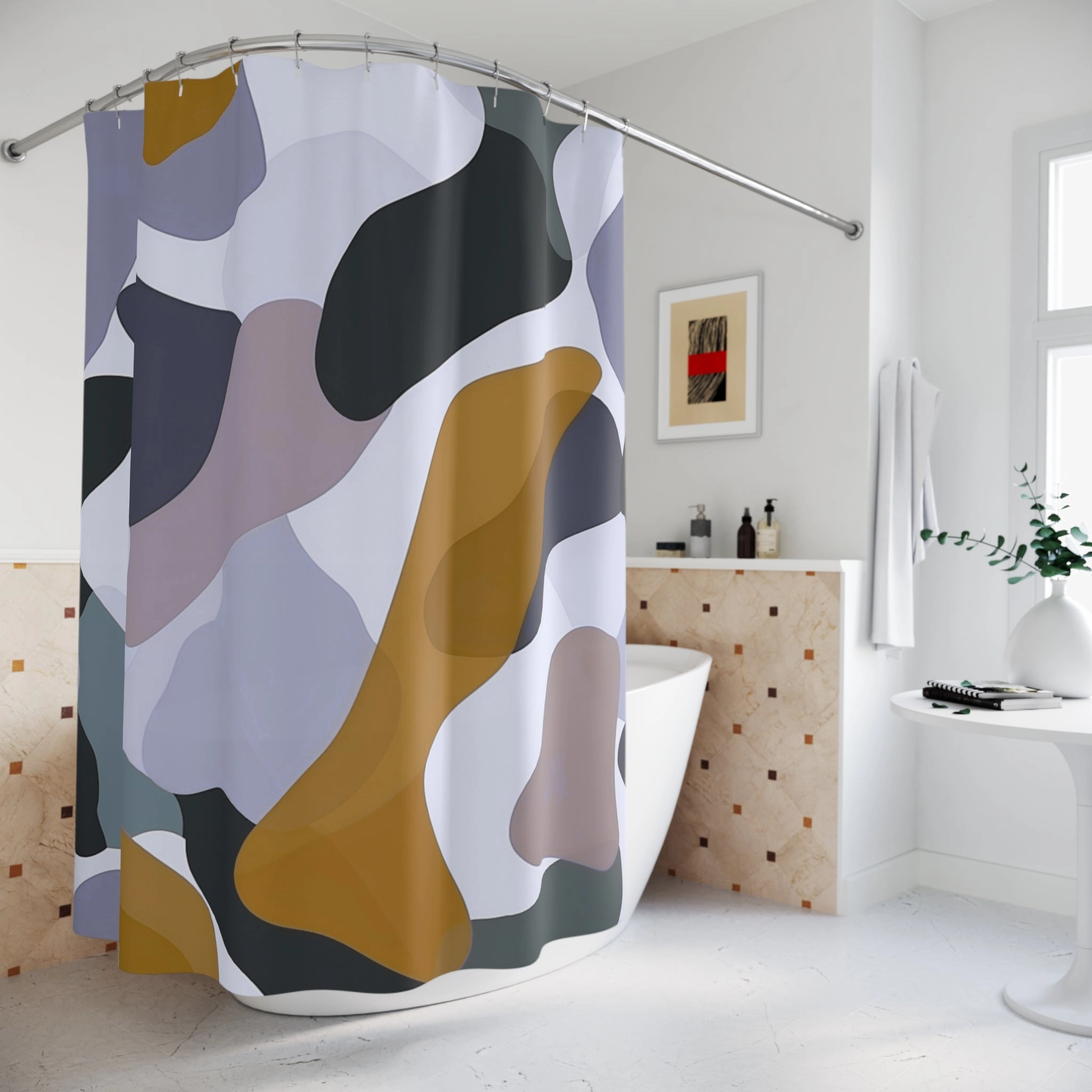 Abstract Shower Curtain | Camouflage Blue Camel Beige