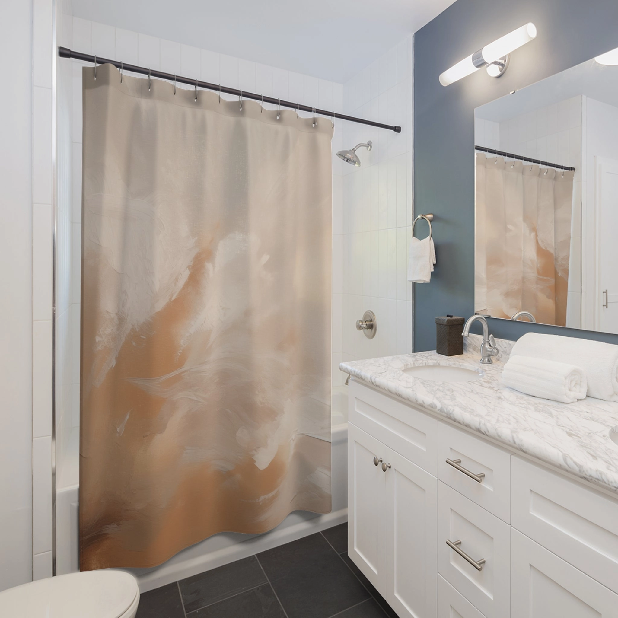 Abstract Shower Curtain | Caramel Beige, Ombre Fabric Bath Curtain