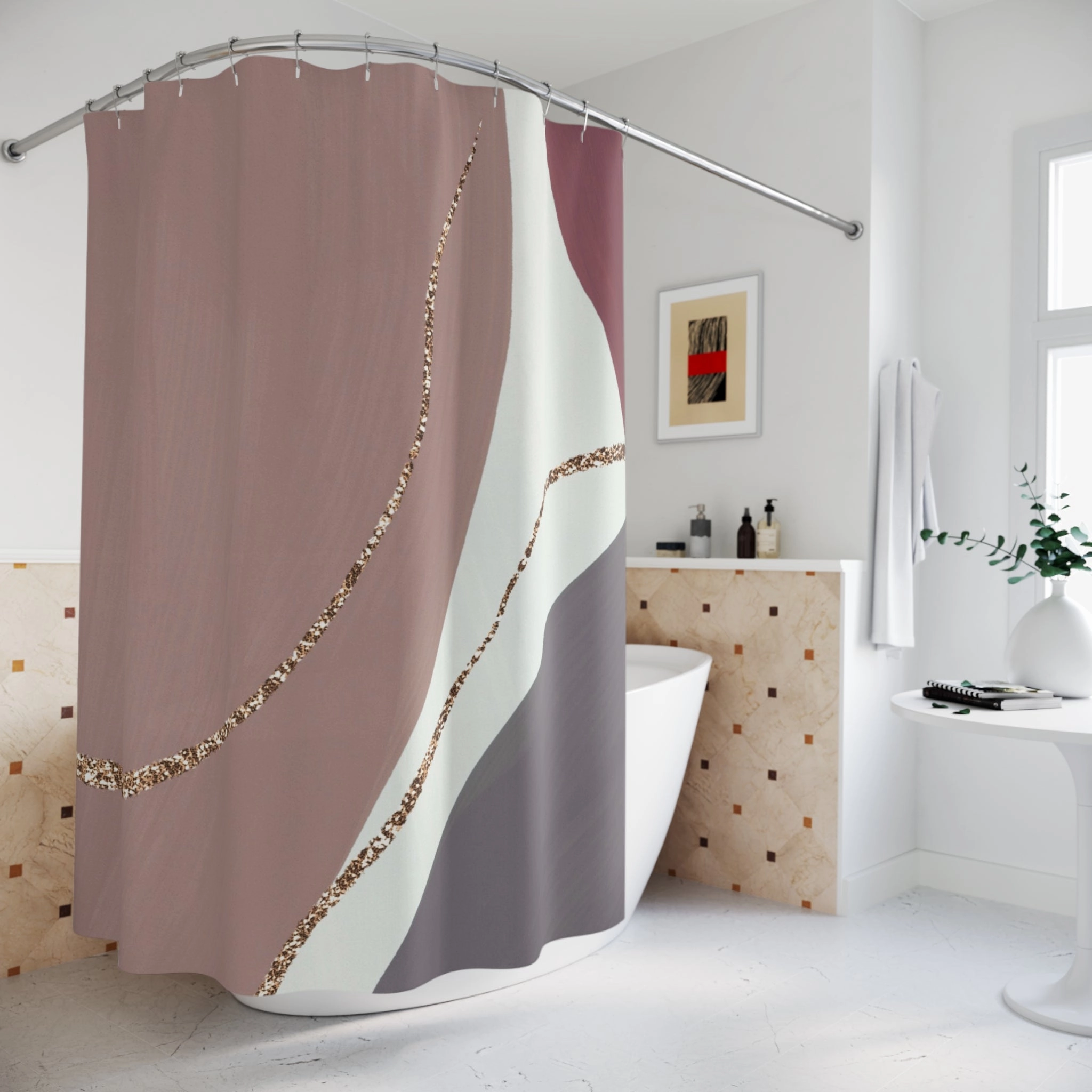 Abstract Shower Curtain | Cinnamon Mauve, Slate Grey