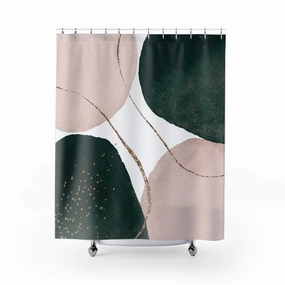 Abstract Shower Curtain | Forest Green, Blush Beige White Lighting,Home Lighting